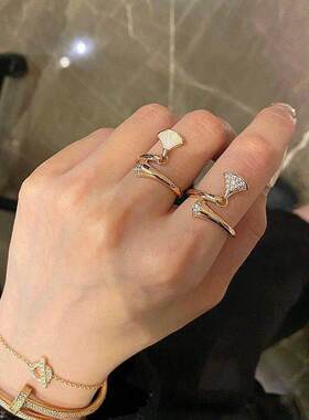 B家纯银镀18k玫瑰金小扇子开口戒指白贝母指环扇形对戒轻奢小红裙