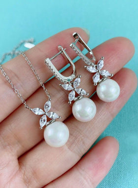 T家天然珍珠项链马眼锁骨链四叶草耳环耳钉钻石纯银首饰轻奢高级