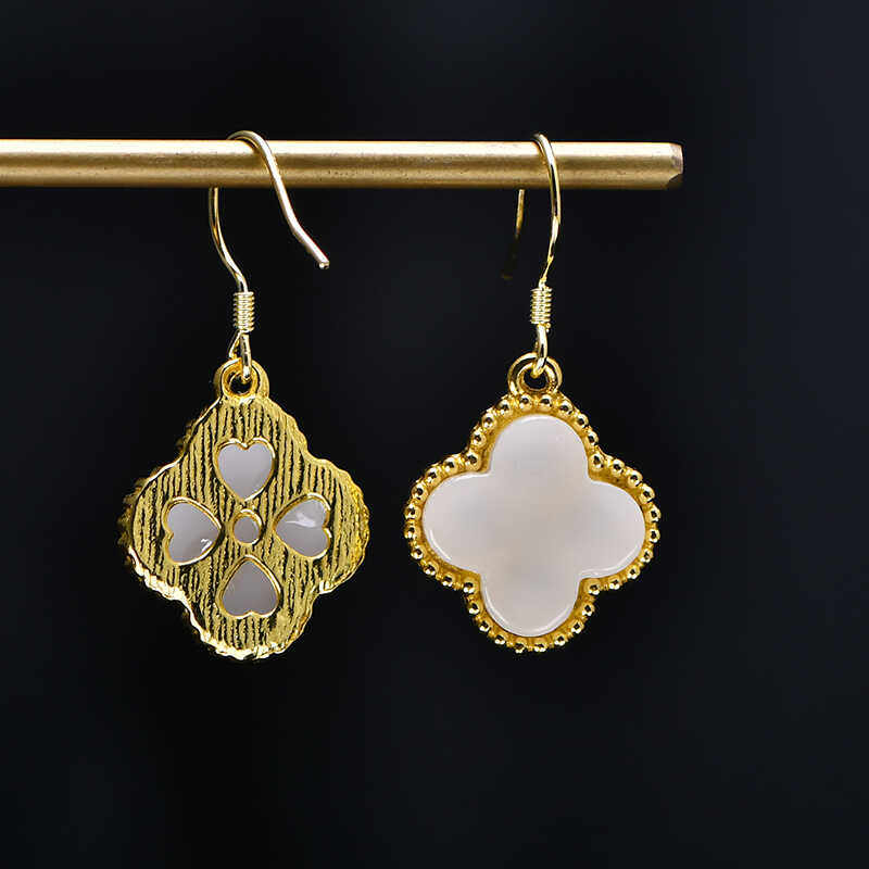 2024秋冬季新中式宫廷幸运四叶草仿玉石复古耳环网红简约气质耳坠,淘宝优惠券,粉丝福利购,淘宝优惠卷