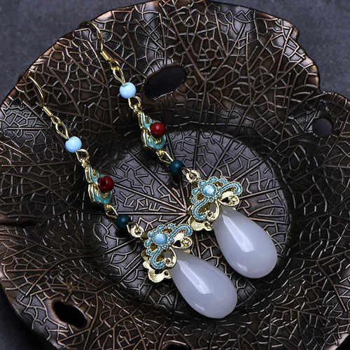 显脸瘦耳环复古原创新中式点翠长款耳坠女气质国潮999纯银耳钩仙 - 图3