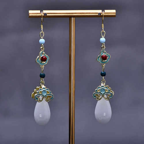 显脸瘦耳环复古原创新中式点翠长款耳坠女气质国潮999纯银耳钩仙 - 图1