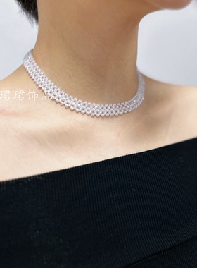 新饰品水晶遮甲状腺术后疤痕项链女锁骨链白色清爽原创设计1cm