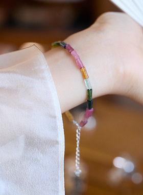 天然碧玺手链女直切桶珠彩虹碧玺手链糖果色石级感手链