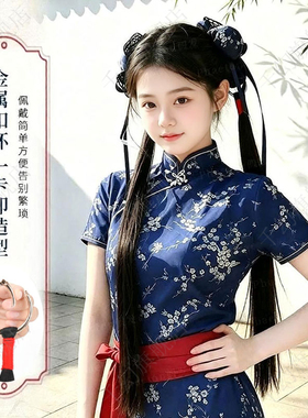 汉服头饰新中式双马尾假发女中华娘环扣长直发旗袍仿真发假发辫子