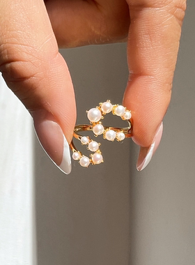 鸡尾酒戒指银镀金双层珍珠欧美感