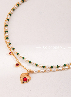 Color Sparkly小众轻奢设计锁骨链珍珠绿宝石项链小清新系列