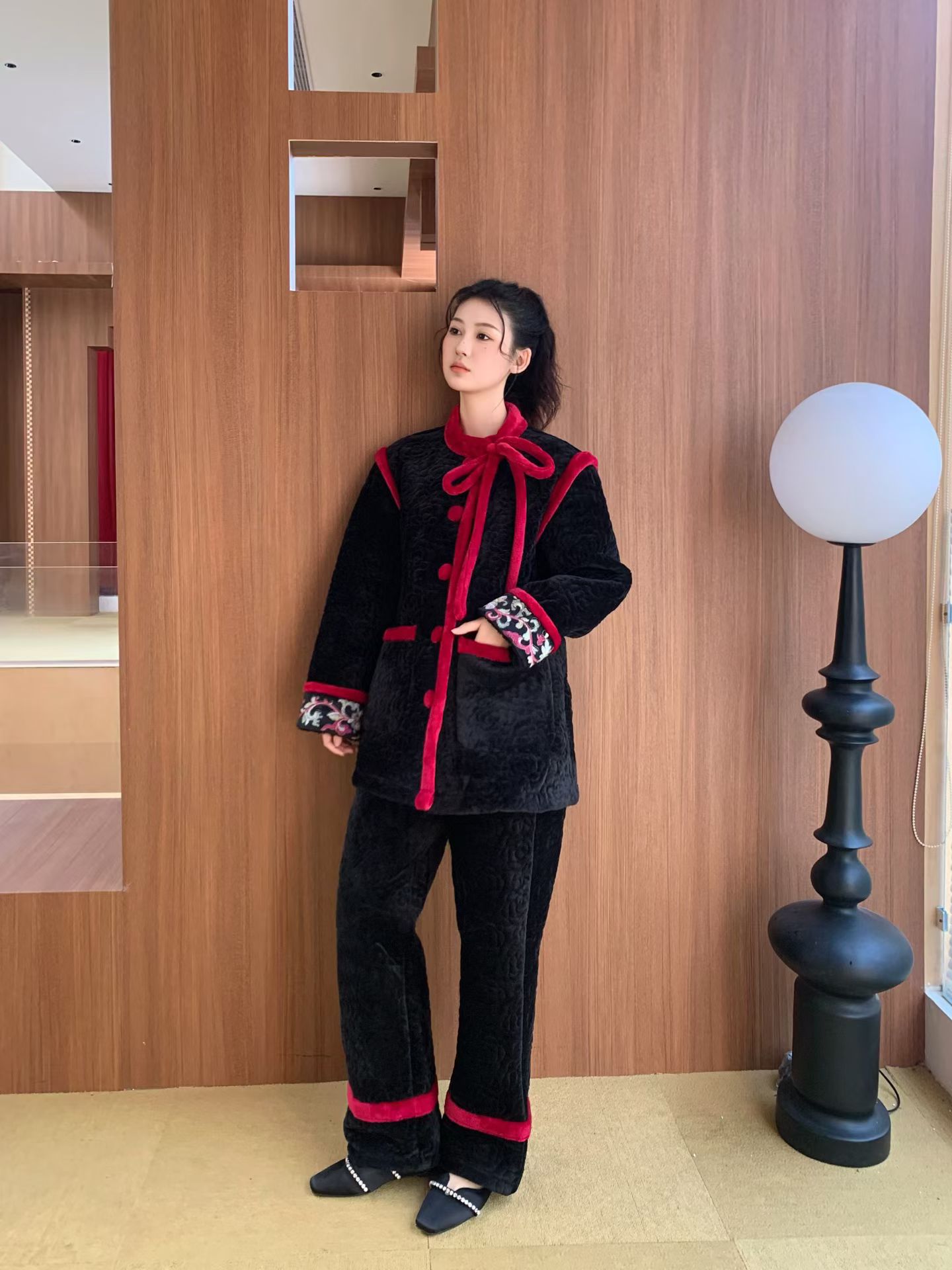 原艾慕优招财进宝冬季加厚可外穿三层夹棉加绒加厚可外穿睡衣套装 - 图0