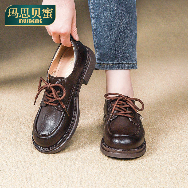 真皮小皮鞋女2025秋冬新款软底休闲百搭粗跟系带中年女士单鞋女鞋,淘宝优惠券,粉丝福利购,淘宝优惠卷