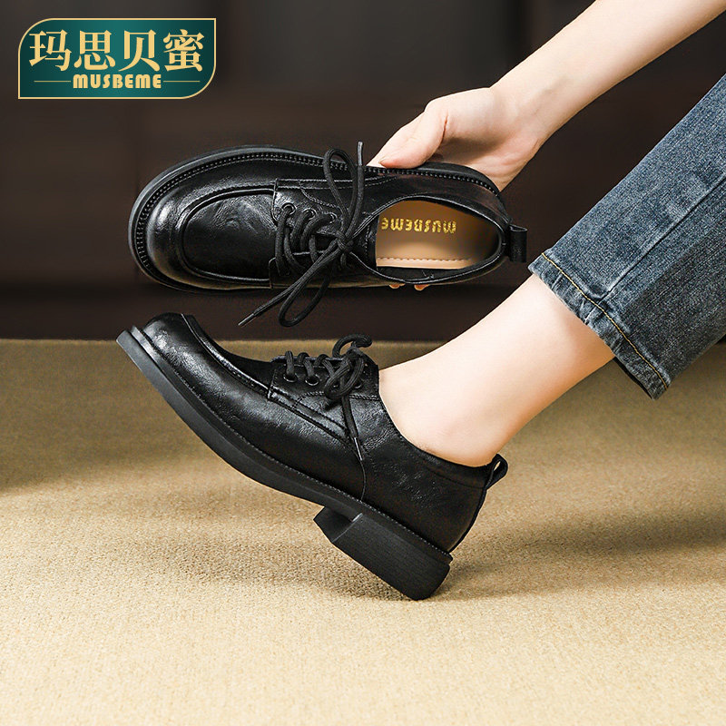 真皮小皮鞋女2025秋冬新款软底休闲百搭粗跟系带中年女士单鞋女鞋,淘宝优惠券,粉丝福利购,淘宝优惠卷