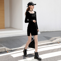 Black display slim waistcoat Dress Woman Autumn New Temperament Hitch a little black dress Herbenstyle Open Fork Bag Hip Skirt