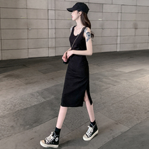 Black Pendant Strap Skirt Woman Spring Summer Sexy Girl Vest With Dress Nepotism New Body Dress Open Fork Skirt