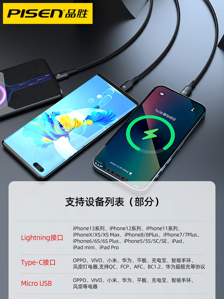品胜三头数据线三合一充电线一拖三66W超级快充6A适用于苹果iPhone13华为安卓Typec手机多功能通用闪充5a车载 - 图3