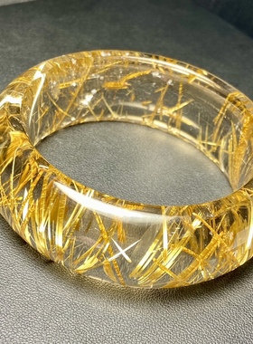 天然白水晶钛晶手镯发晶手镯宽板粗圈大轮胎晶体干净黄钛圈口57.5