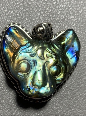 男女拉长石吊坠灰月光猫头银镶嵌