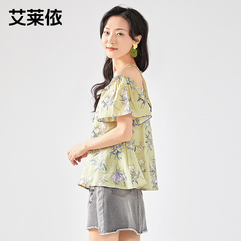 艾莱依时尚一字肩印花纯棉T恤女装2022夏装新款短款宽松短袖上衣