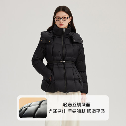 【达人专属】艾莱依短款羽绒服女冬季立领气质爆款连帽收腰鹅绒服 - 图0
