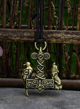 新品外贸复古风时尚维京托尔雷神锤奥丁狼头吊坠创意乌鸦项链男