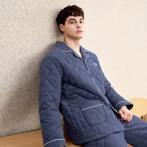美标冬季三层加厚保暖男士100%纯棉梭织夹棉睡衣套装全棉家居服