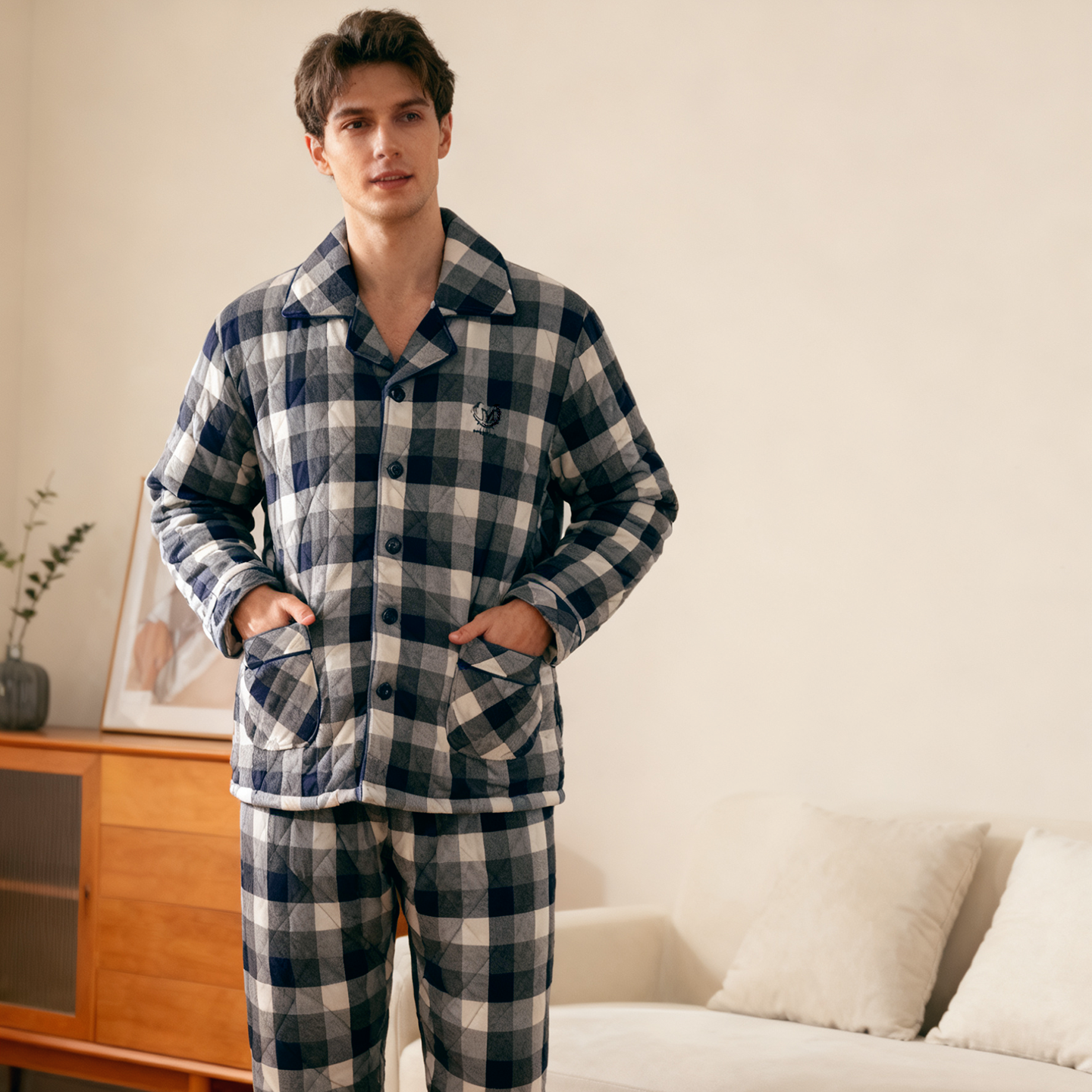 美标冬季梭织纯棉夹棉男睡衣套装格子三层加厚保暖家居服可外穿,淘宝优惠券,粉丝福利购,淘宝优惠卷