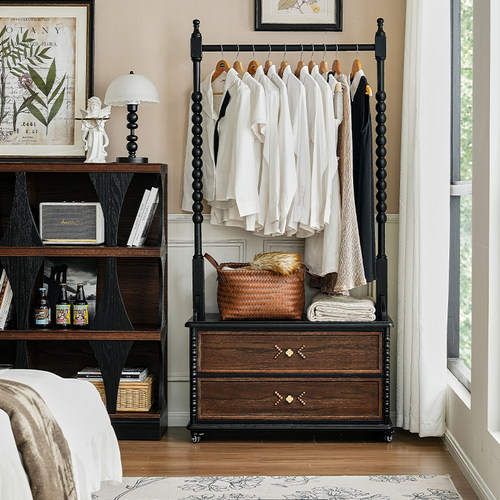 法式复古全实木床头柜挂衣架一体卧室床边落地中古风可移动衣帽架 - 图1