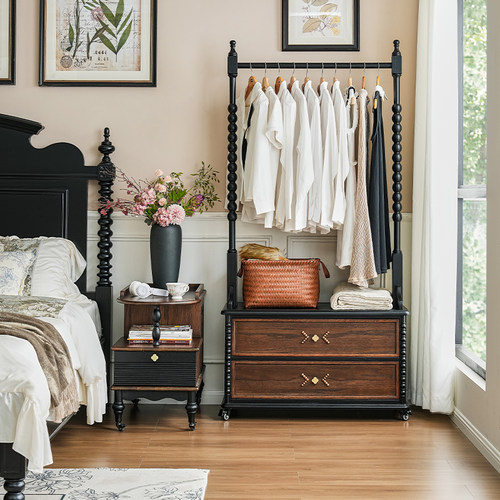 法式复古全实木床头柜挂衣架一体卧室床边落地中古风可移动衣帽架 - 图3