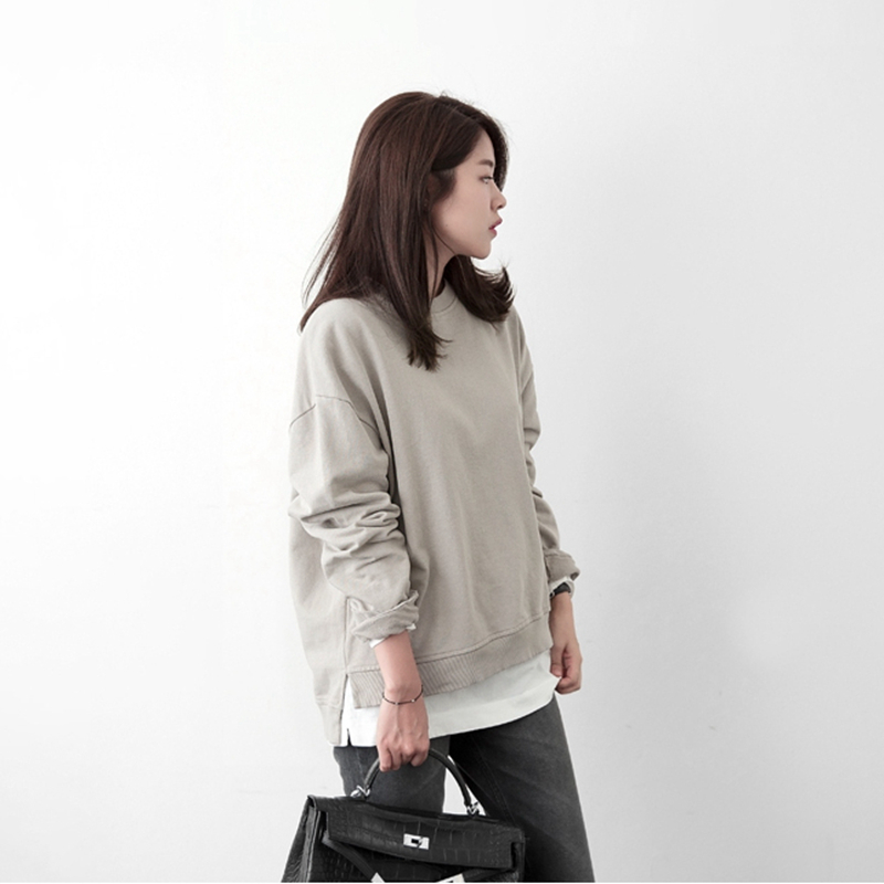 T122韩国女装代2024新品简约宽松毛圈棉开叉圆领套头春款长袖卫衣 - 图0