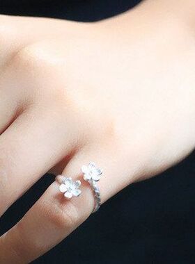 s925纯银开口戒指气质个性双花朵简约素银戒指女韩版纯银饰品批发