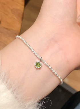 s925银手链女生满天星锆石手链轻奢小众手串精致橄榄绿吊坠手饰品