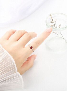 925纯银猫咪戒指女款开口时尚甜美可爱森系学生指环日韩红色戒指