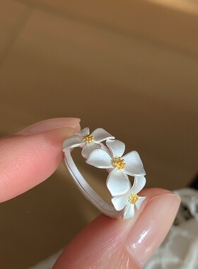 S925纯银清新栀子花戒指时尚气质简约甜酷个性设计感食指戒指环女