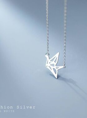 S925银韩版千纸鹤小清新项链简约少女镂空拉丝设计锁骨链