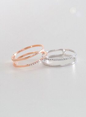 S925纯银戒指女日韩轻奢小众设计感网红闪钻双层可调节开口