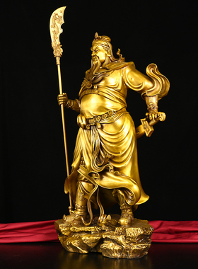 黄铜托宝拔剑关公铜像摆件