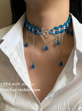 韩系轻奢蓝色串珠流苏锁骨链