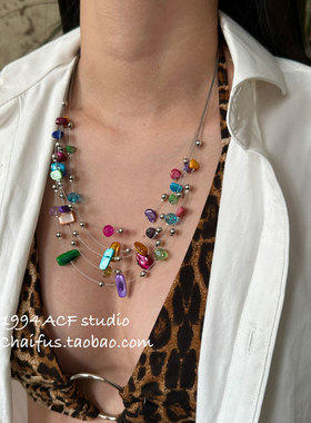 术氛围多层彩色石头拼接项链