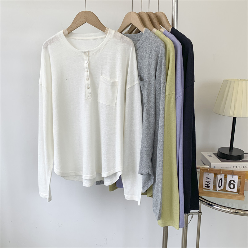 纽扣设计感扣雪花透视长袖防晒衣女夏季宽松圆领套头纯色空调衫女 - 图1