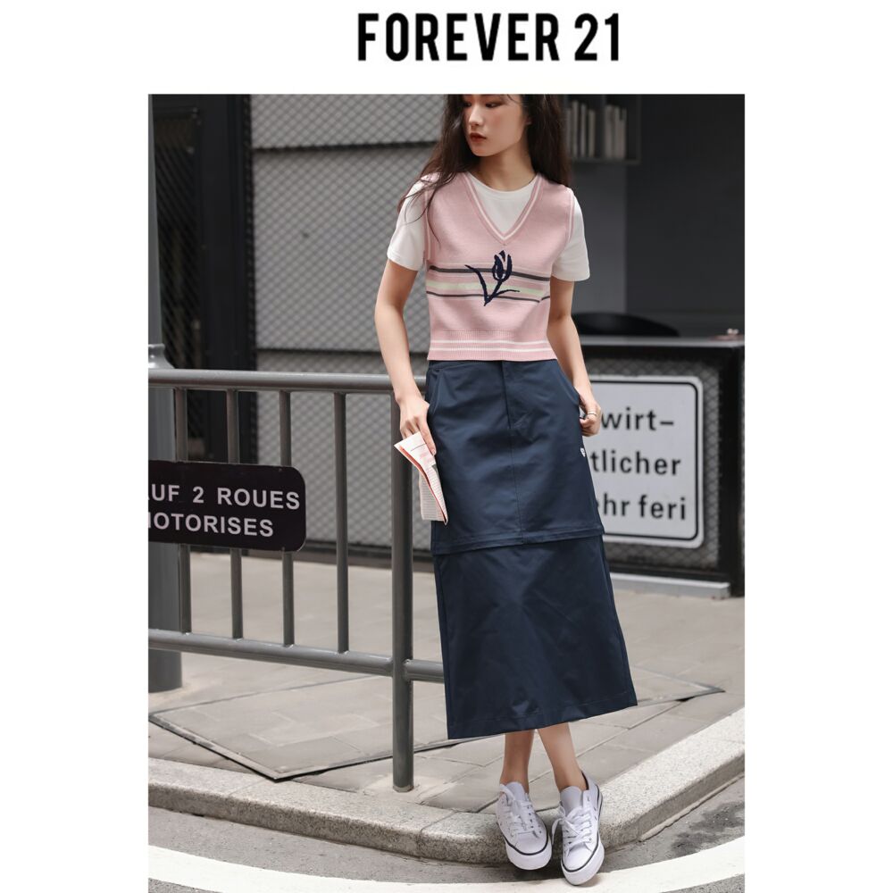 Forever 21「又巷」 短袖t恤女2023春假两件针织小上衣拼接撞色短 - 图0