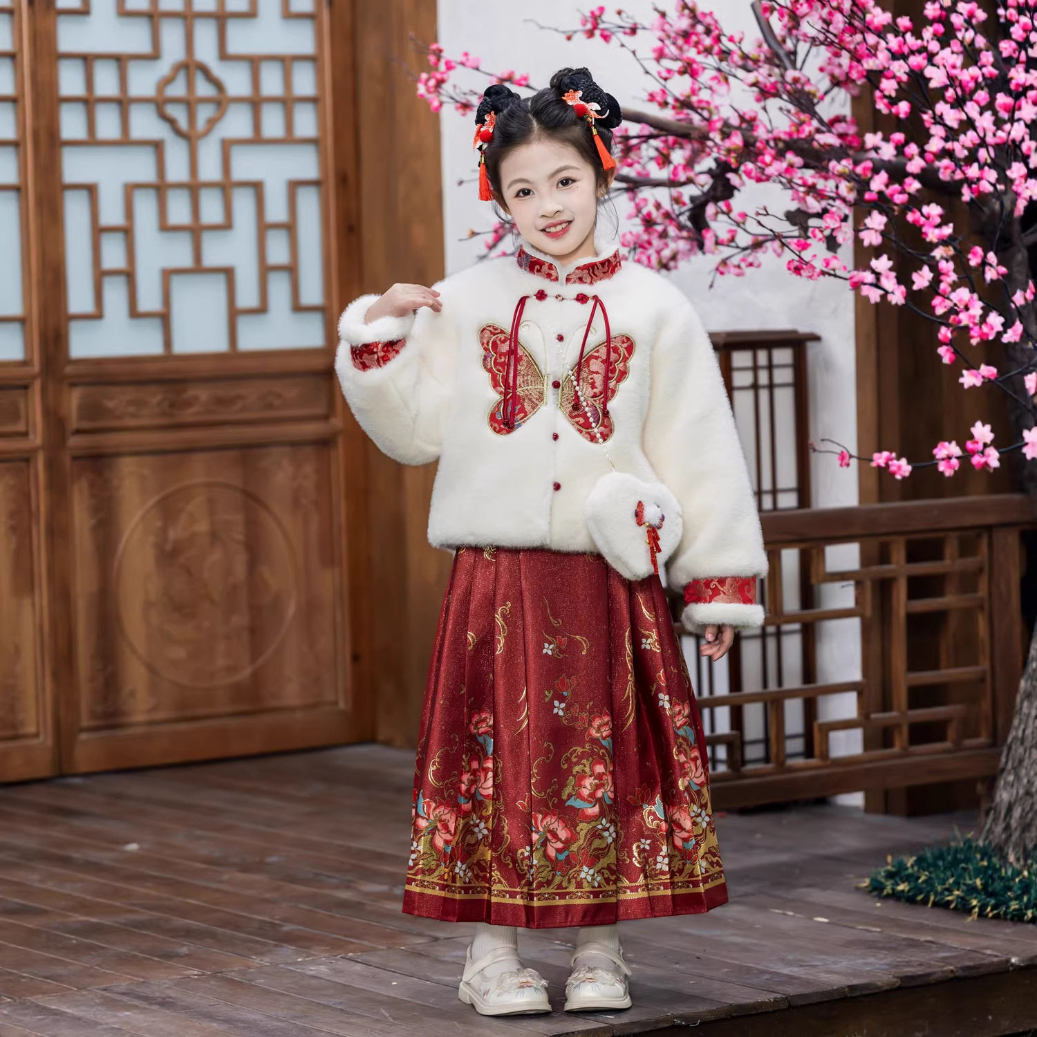 女童马面裙冬季加绒加厚唐装拜年服毛毛衣中国风外套汉服套装礼服,淘宝优惠券,粉丝福利购,淘宝优惠卷