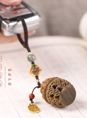绿檀木质聚宝盆铜香囊镂空雕花手