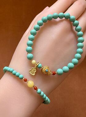 复古菱镁矿松石手串单圈古风绿松