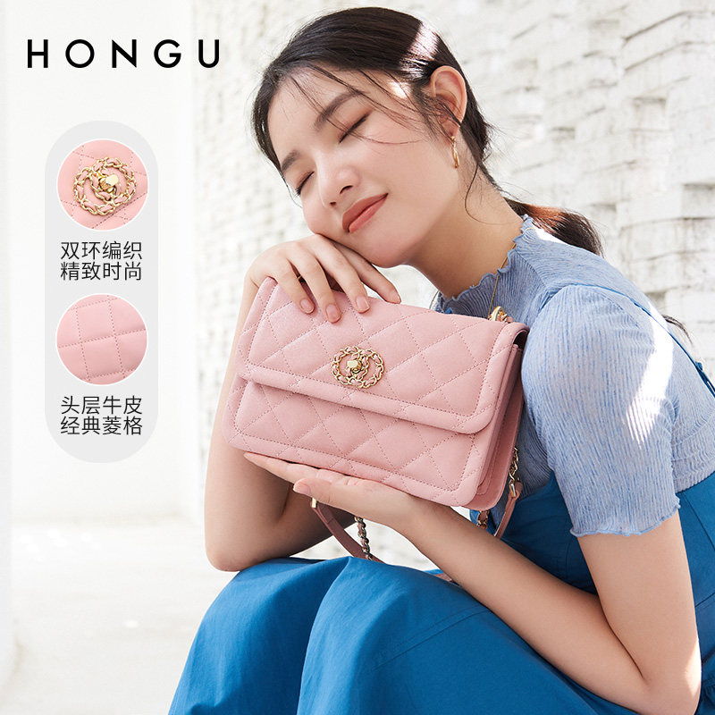 红谷2022新款小香风真皮菱格链条包 红谷女士包袋