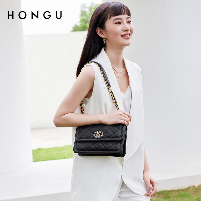 红谷2022新款小香风真皮菱格链条包 红谷女士包袋