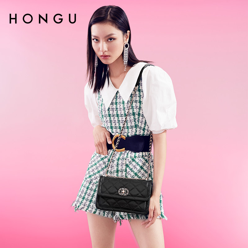 红谷2022新款小香风真皮菱格链条包 红谷女士包袋