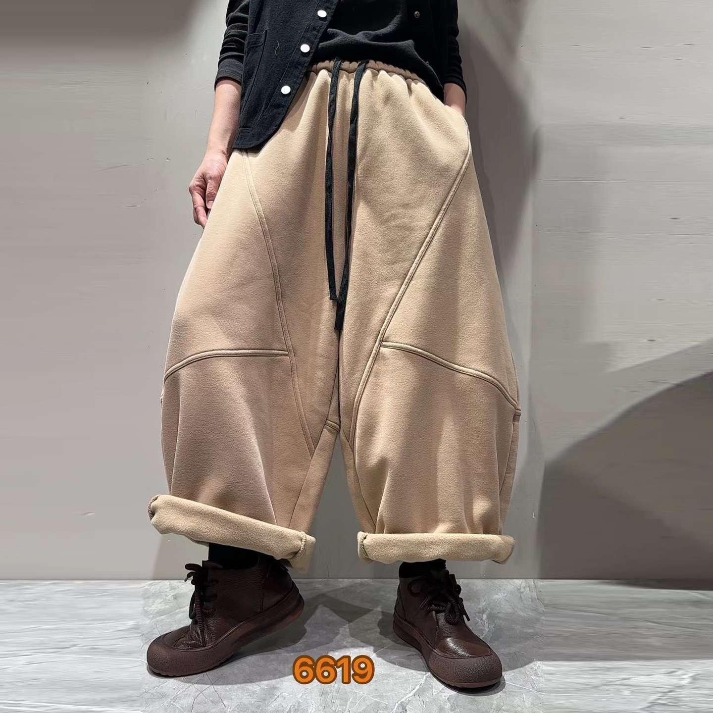 欧货复古加绒针织棉卫裤女宽松大码长裤洋气妈妈休闲裤纯色老爹裤 - 图2