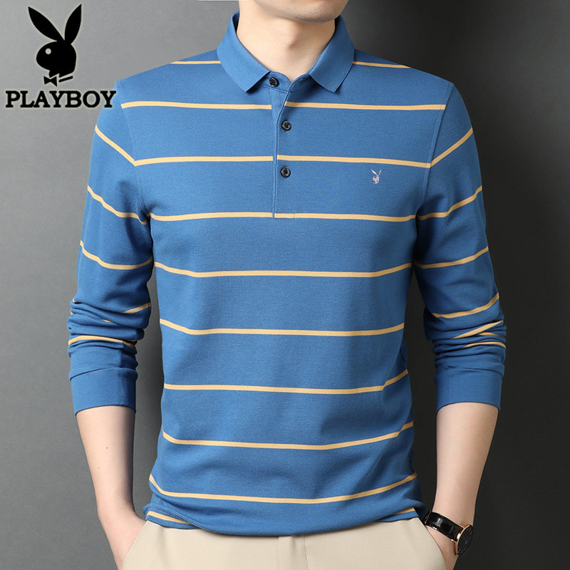 花花公子条纹长袖纯棉秋冬polo衫 家缘服饰T恤