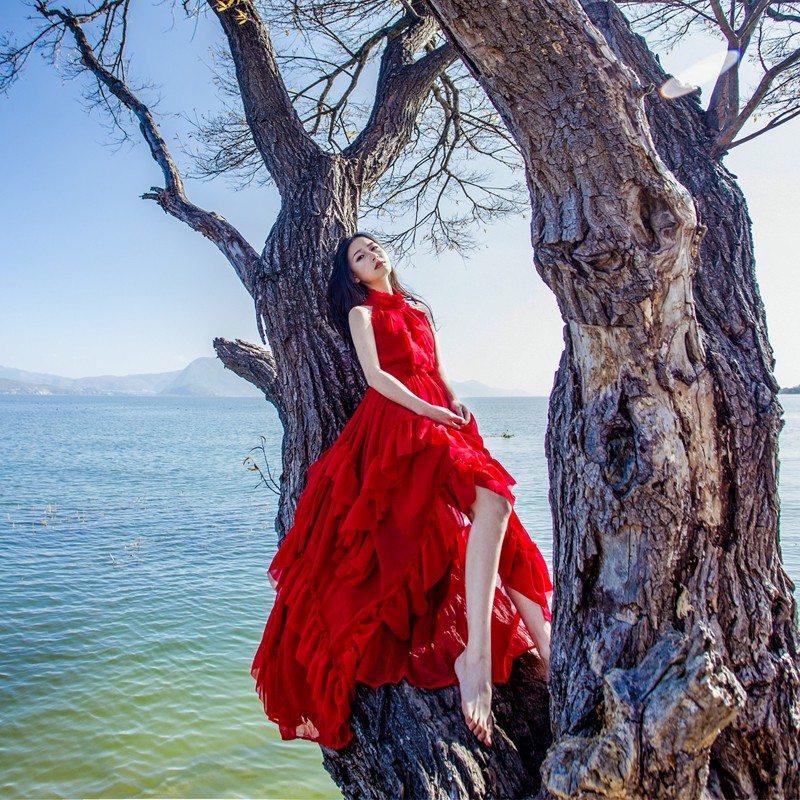 大红色连衣裙女夏气质显瘦雪纺长裙波西米亚海边度假超仙沙滩裙子-图3