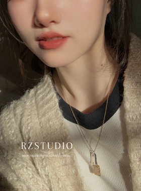 巨好搭配！极简金银方块拼色吊坠项链锁骨链短款简约个性气质颈链