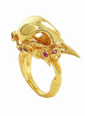 硬糖原创925银鸟头骨摇滚戒指