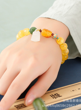 波罗的海天然鸡油黄蜜蜡手串桶珠金绞蜜男士女款琥珀多宝配饰手链