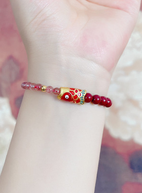 大有水晶 天然鸽血草莓晶手链新中式锦鲤紫金砂朱砂手串手链